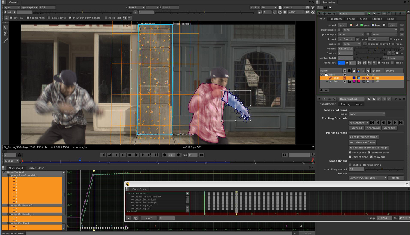 AI rotoscoping and planar tracking session with editable splines on a moving subject